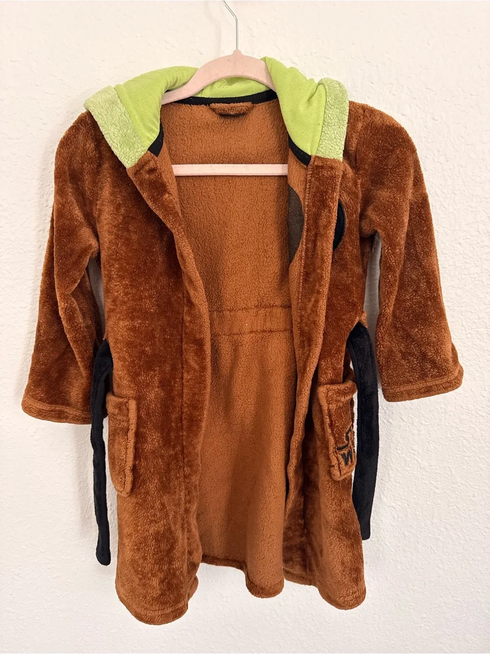 Disney Kids Plush Hooded Robe in Brown with Lime Accent Bundle With Kids Shirts